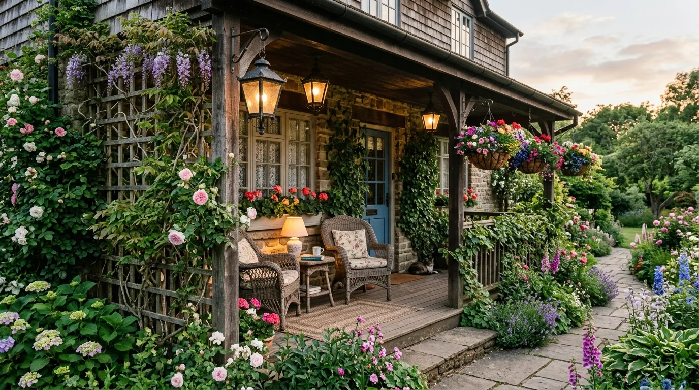 Cottage-Style Porch With Trellis and Vines